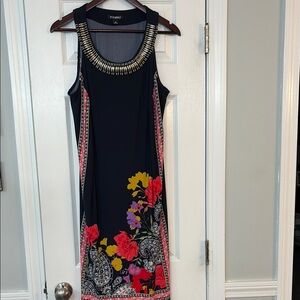 Stylish Women's Floral Dress - Navy blue with Multicolor Accents